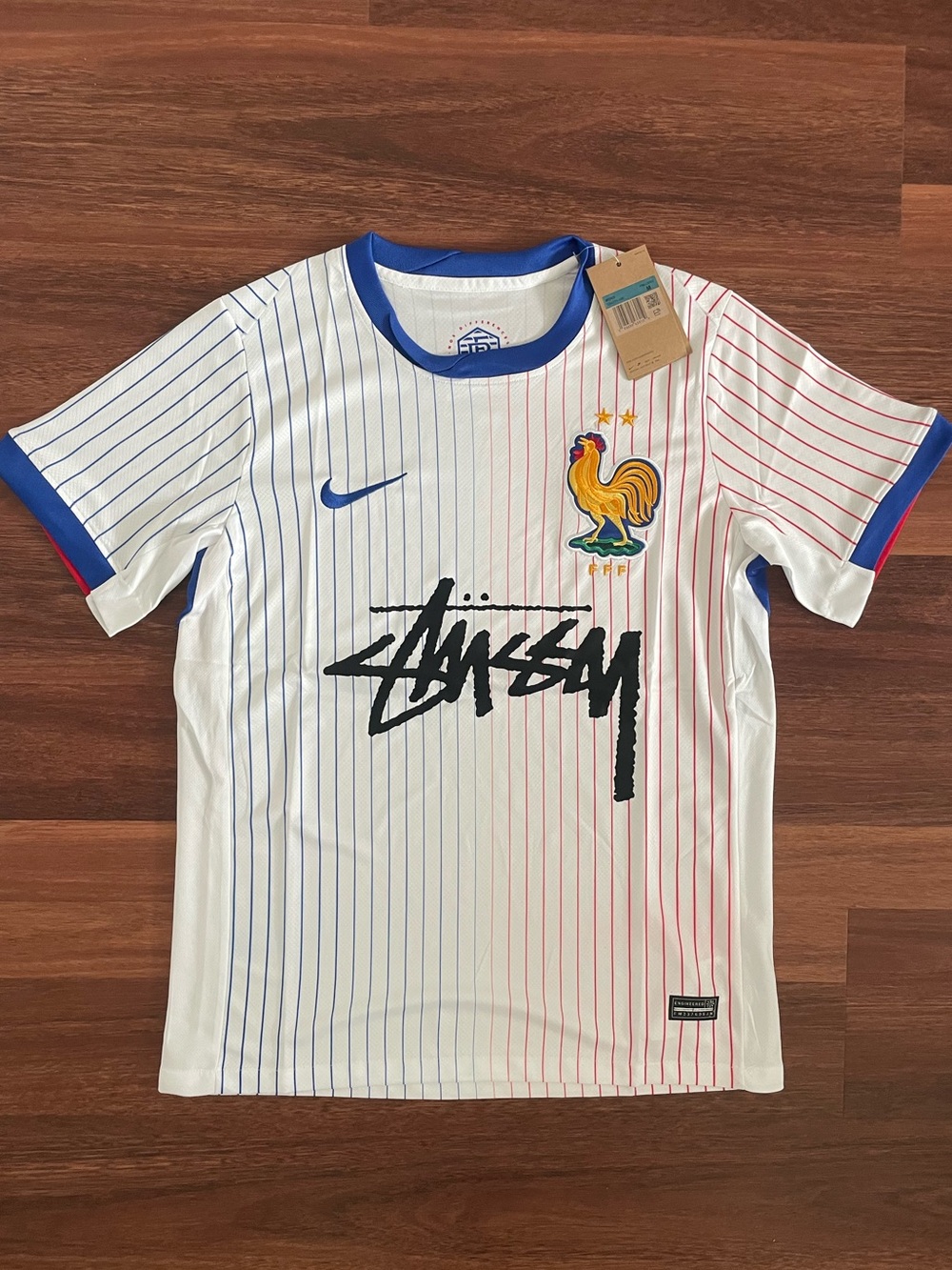 Stüssy x Nike France Football Jersey - White with Blue & Red Pinstripes Sz Mediu